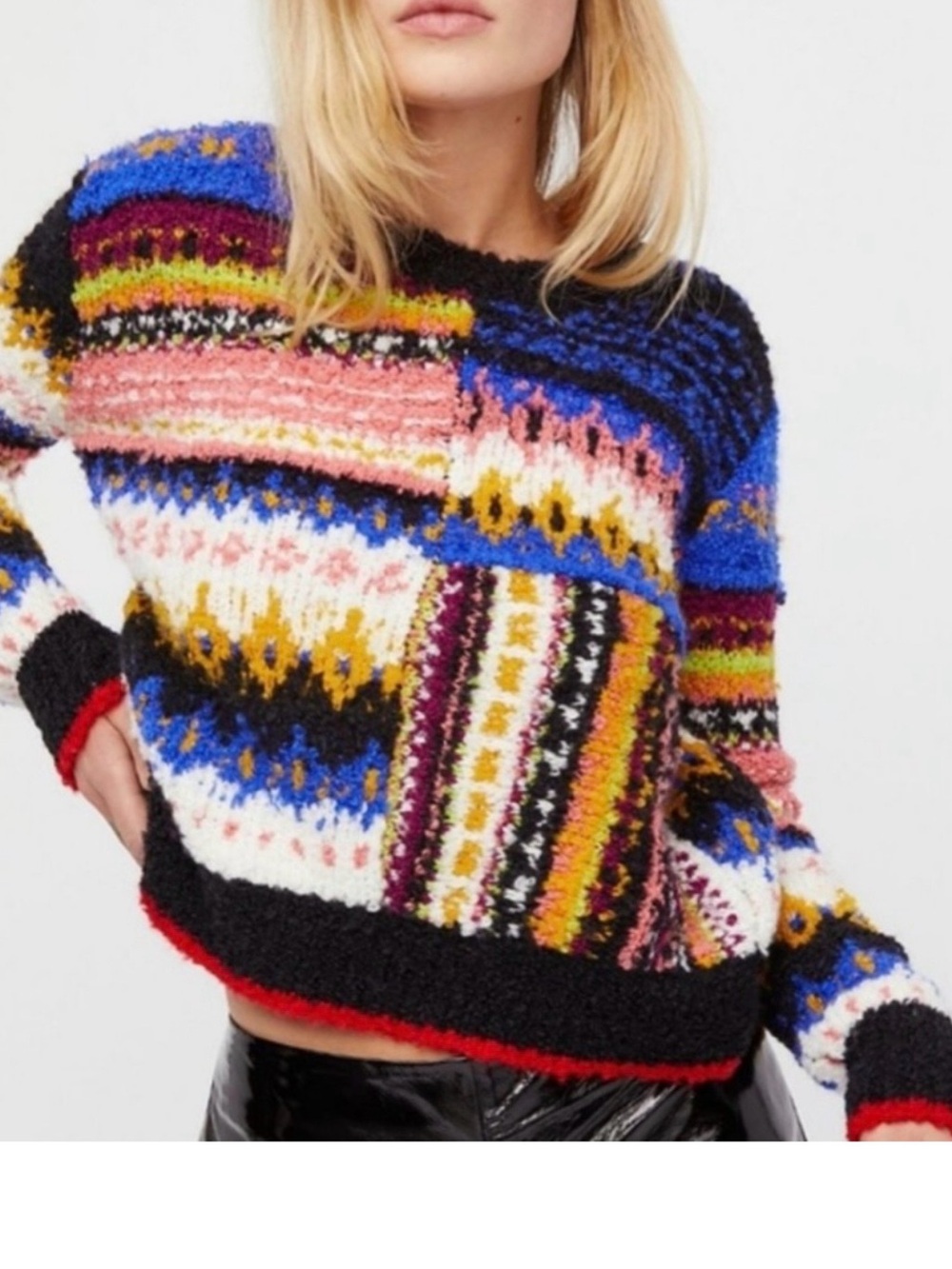 Free People Sz M Alpaca Blend Fuzzy Crew Sweater Indie Boho Abstract Fair Isle